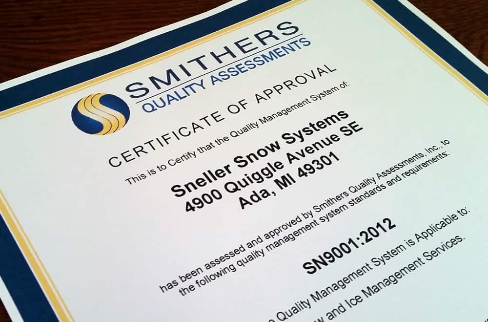 ISO 9001 Certificate - Sneller Snow & Grounds